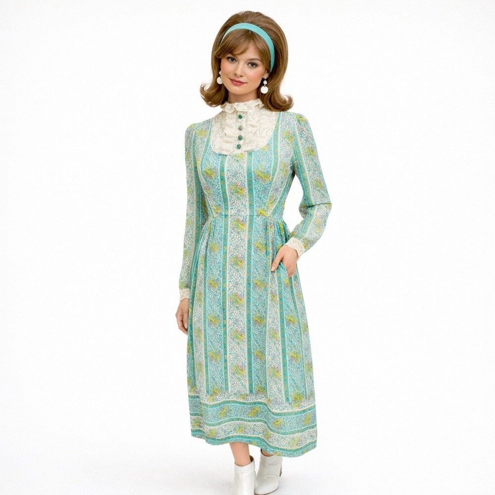 Vintage 60's Blue Pink Floral Print White Lace  Prairie Boho Maxi Dress Small‎